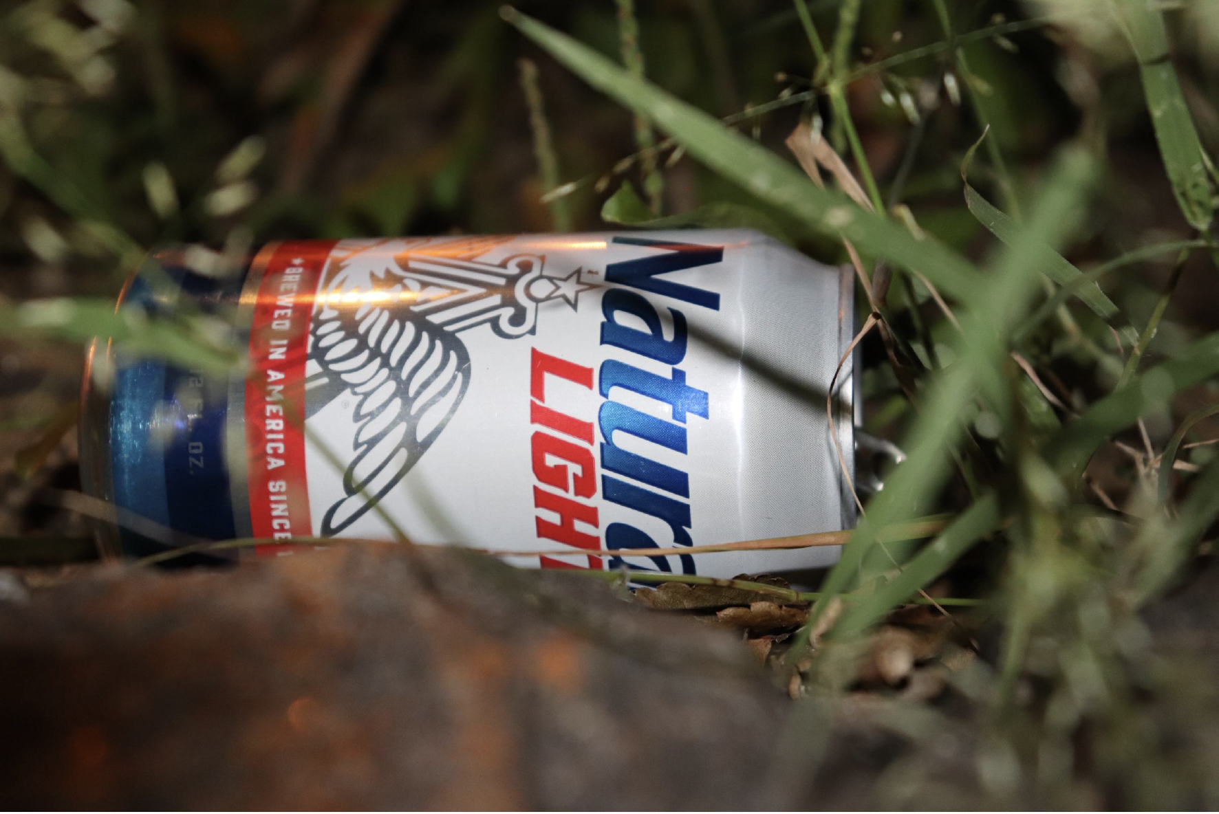 A close-up photo of a red, white and blue Natural Light beer can hidden behind grass leaves, with a visible highlight caused by the reflection of the flash against its body